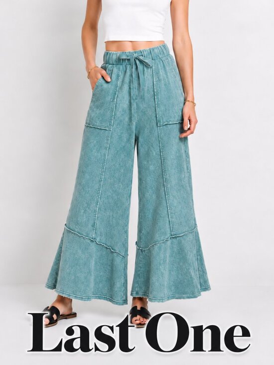 Zenana Outfitters Pants - Zenana Mineral Wash Cotton Wide Leg Boho Pants Raw Seam Ruffle Hem